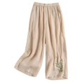 thumbnail image 4 of Women's Cotton Linen Pants, Embroidered Wide Leg Pants, High Waisted Loose Fit Boho Trousers, Comfortable Breathable Casual Palazzo Pants for Women Spring and Summer Beige L, 4 of 4