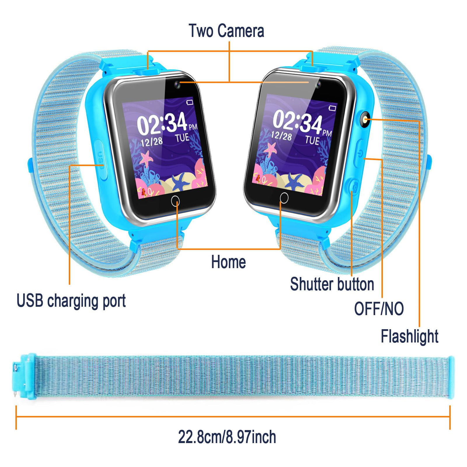 PTHTECHUS X32-Blue Kids Smartwatch with Dual Camera, 24 Games, MP3 & More, Blue with Nylon Band