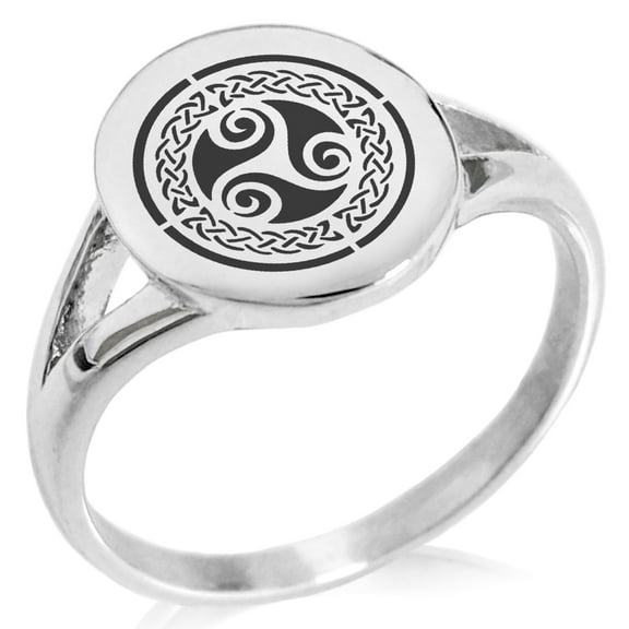 Stainless Steel Celtic Triskele Triskelion Triple Knot Minimalist Oval Top Polished Statement Signet Ring