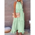 thumbnail image 5 of Women's Resort Style Ruffled Long Dress Round Neck Sleeveless Flowy Beach Dress with Pockets Mint Green Calico L, 5 of 7