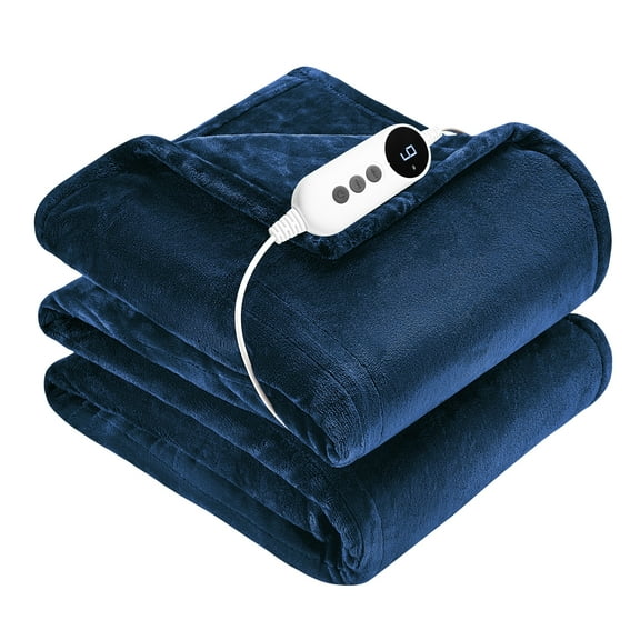WISHEAD Electric Heated Throw Blanket with 9 Heat Levels & Auto Shut-Off, Plush Dual-Sided Flannel for Couch & Travel, Machine Washable, 50"x60", Dark Blue