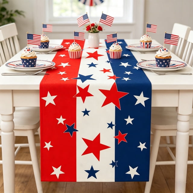 Uklsqma Independence Day Table Runner 180 x 33 cm Polyester Linen-Look Printed Multicolor Decorative for Dining Table Coffee Table Cabinet