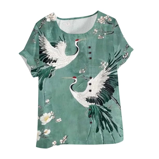 Vestidos Casuales Para Mujer, Blusas De Mujer De Moda Blusa tipo túnica informal de lino con estampado de peces y botones de manga corta para mujer