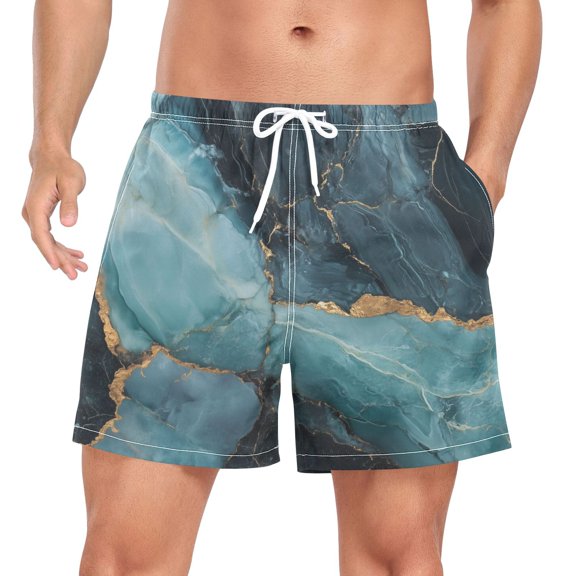 FORMRS Mens Swim Trunks Mesh Liner Quick Dry Casual Beach Board Shorts with Pockets, Sizes S-2XL, Black Marble