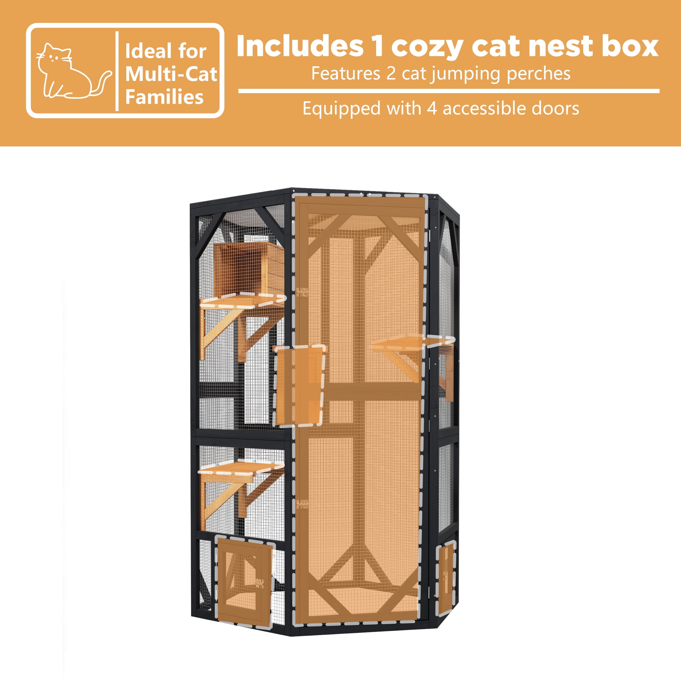 70" Catio Outdoor Cat Enclosure,Large Cat House Walk-in Cat Cage with Waterproof Cover for Multi Cats, Black with Yellow