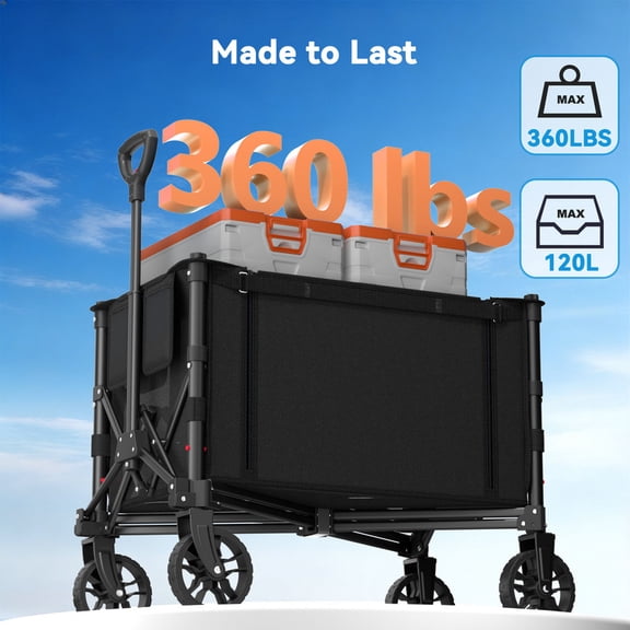 CHITOOMA Foldable Wagon Cart, 360LBS Portable Collapsible Wagon Cart, 120L Capacity Utility Cart with 2 Cup Holder for Groceries, Camping, Shopping, Garden, Beach,