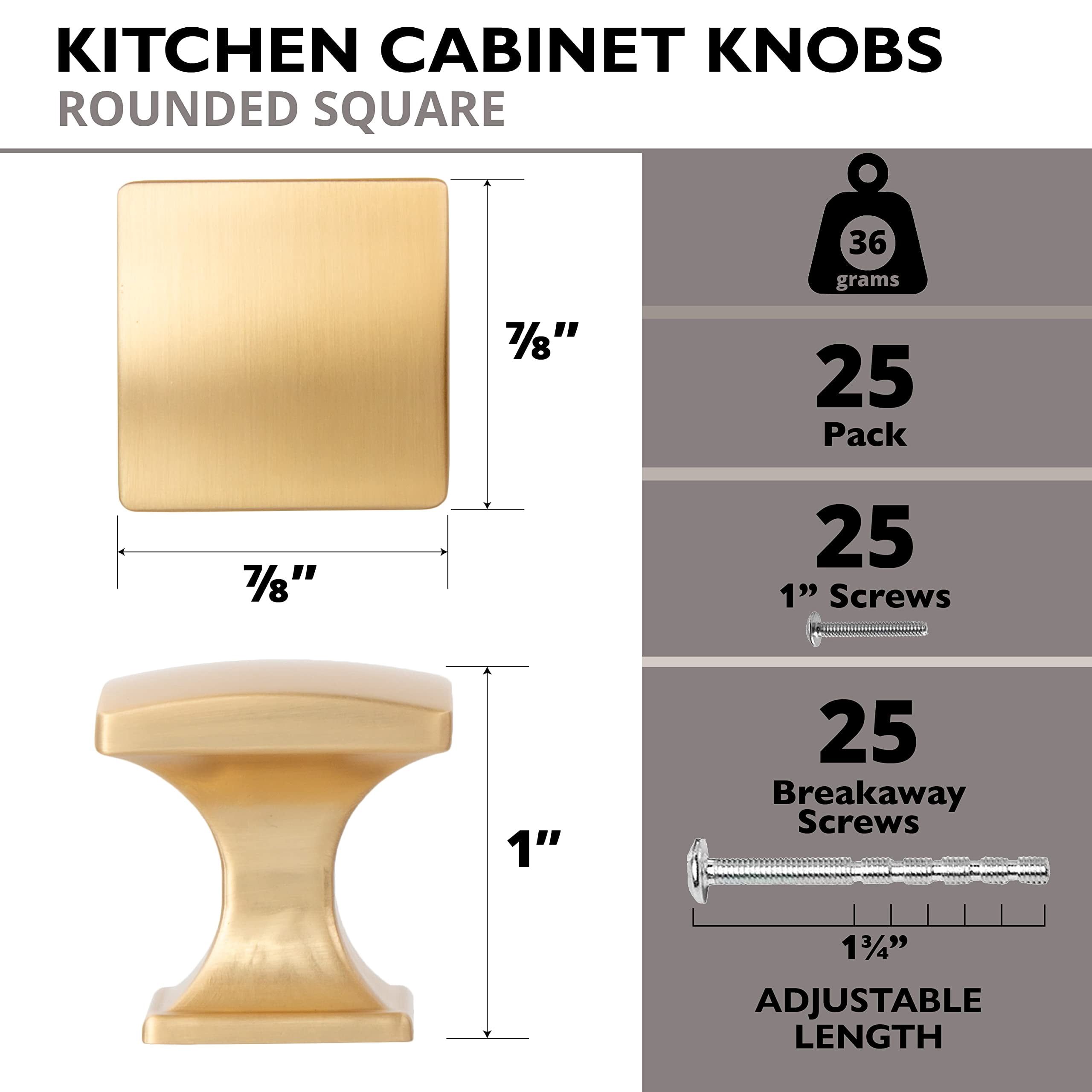 Ilyapa Rounded Square Cabinet Knob, Gold 25 Pack 1 inch Kitchen Cabinet Knob Drawer Pull Handle Hardware