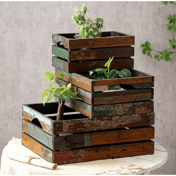 3 Rustic Distresse   Nesting Crates, Farmhouse  ative  den Storage Boxes, Large Vintage Reclaime   Baskets for Display (Random)
