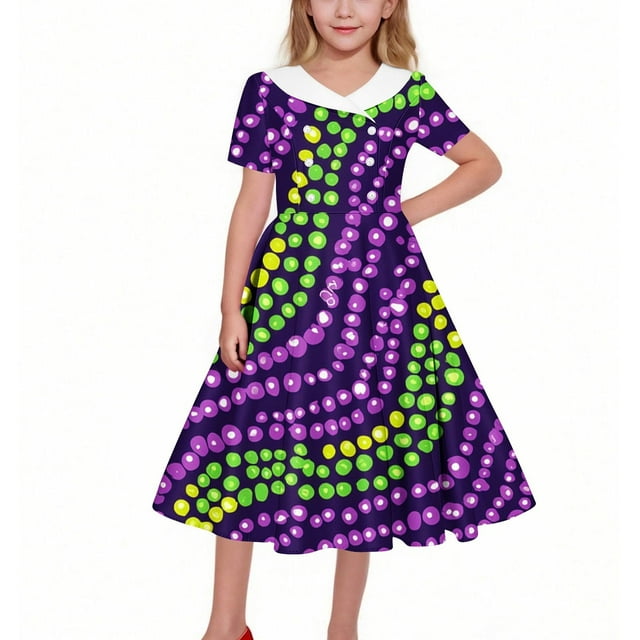 Vestido de manga corta con cuello vuelto para niñas Vestido elástico de manga corta para niñas Vestido skater con volantes de corte A Vestido de recital escolar Vestido de manga corta con cuello vuelt