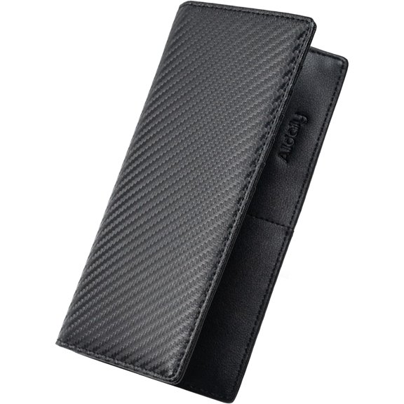 Bifold Slim Long Wallet for Men RFID-Blocking Thin Card Holder with ID Window, Faux Leather (Black)