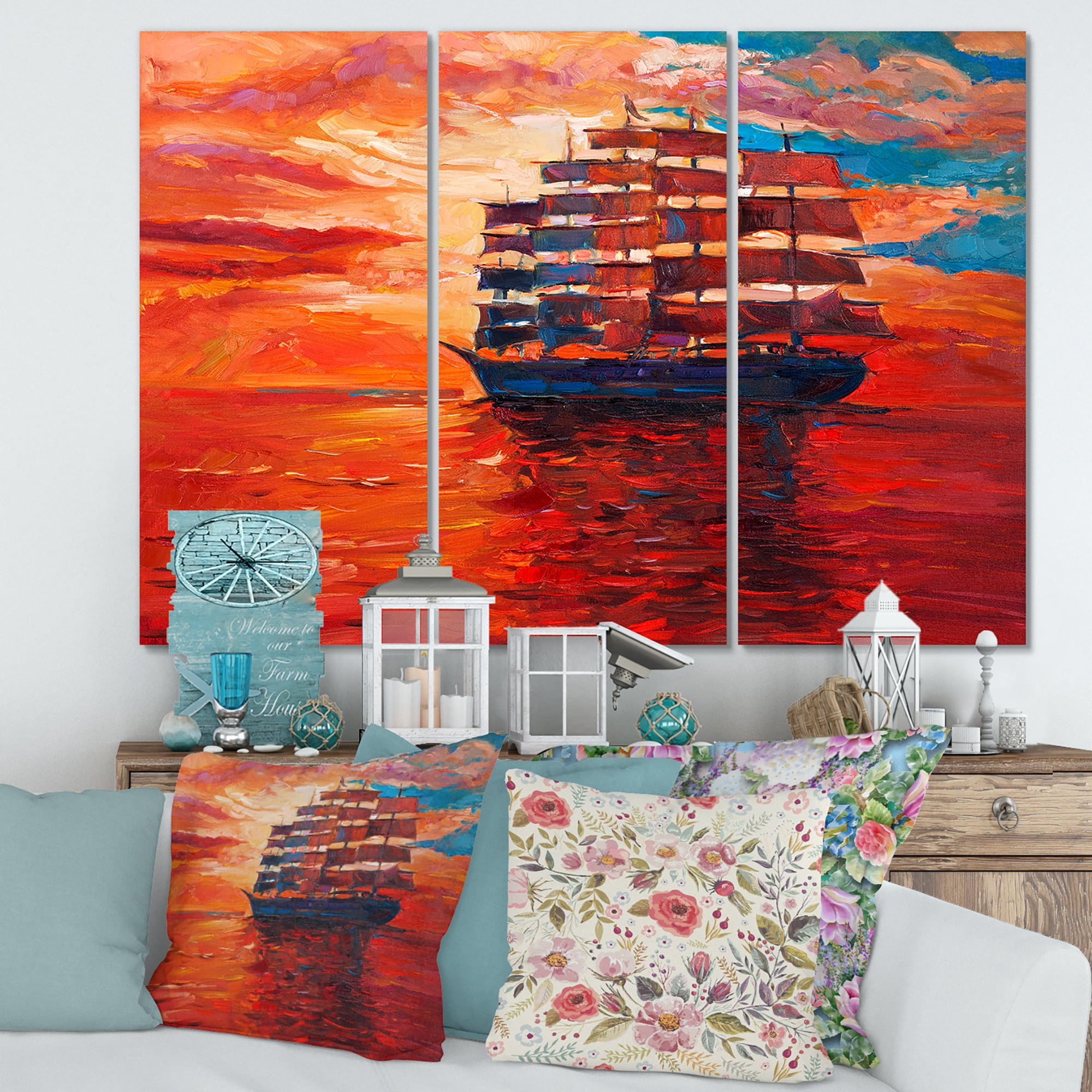 Designart ' Frigat During Red Evening Glow On The Ocean Horizon ' Nautical & Coastal Canvas Wall Art Print
