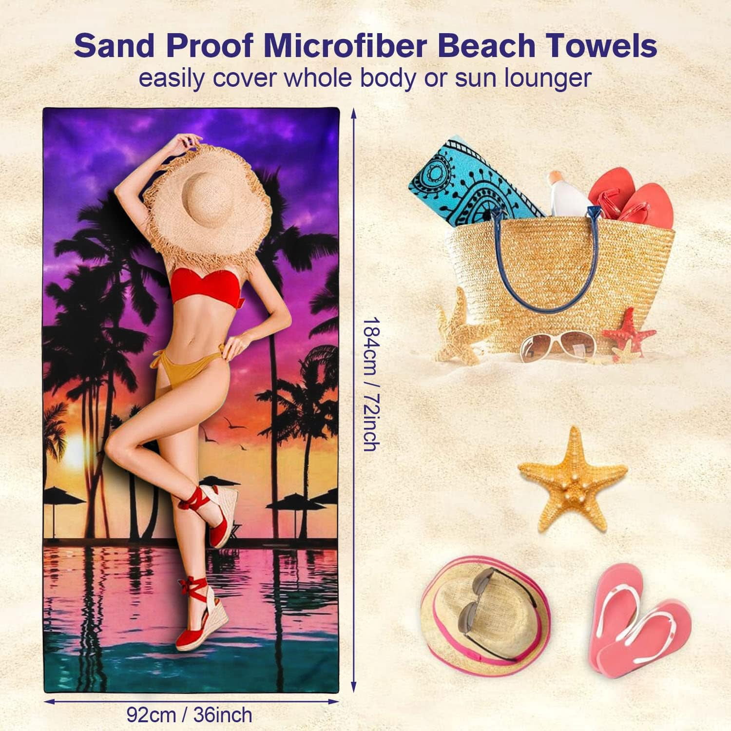 Oversized Beach Towel Quick Dry Sand Free Lightweight Microfiber Beach Towels for Swim Pool Camping Travel, Seaside Sunset Coconut Palm Trees, 36"x72"