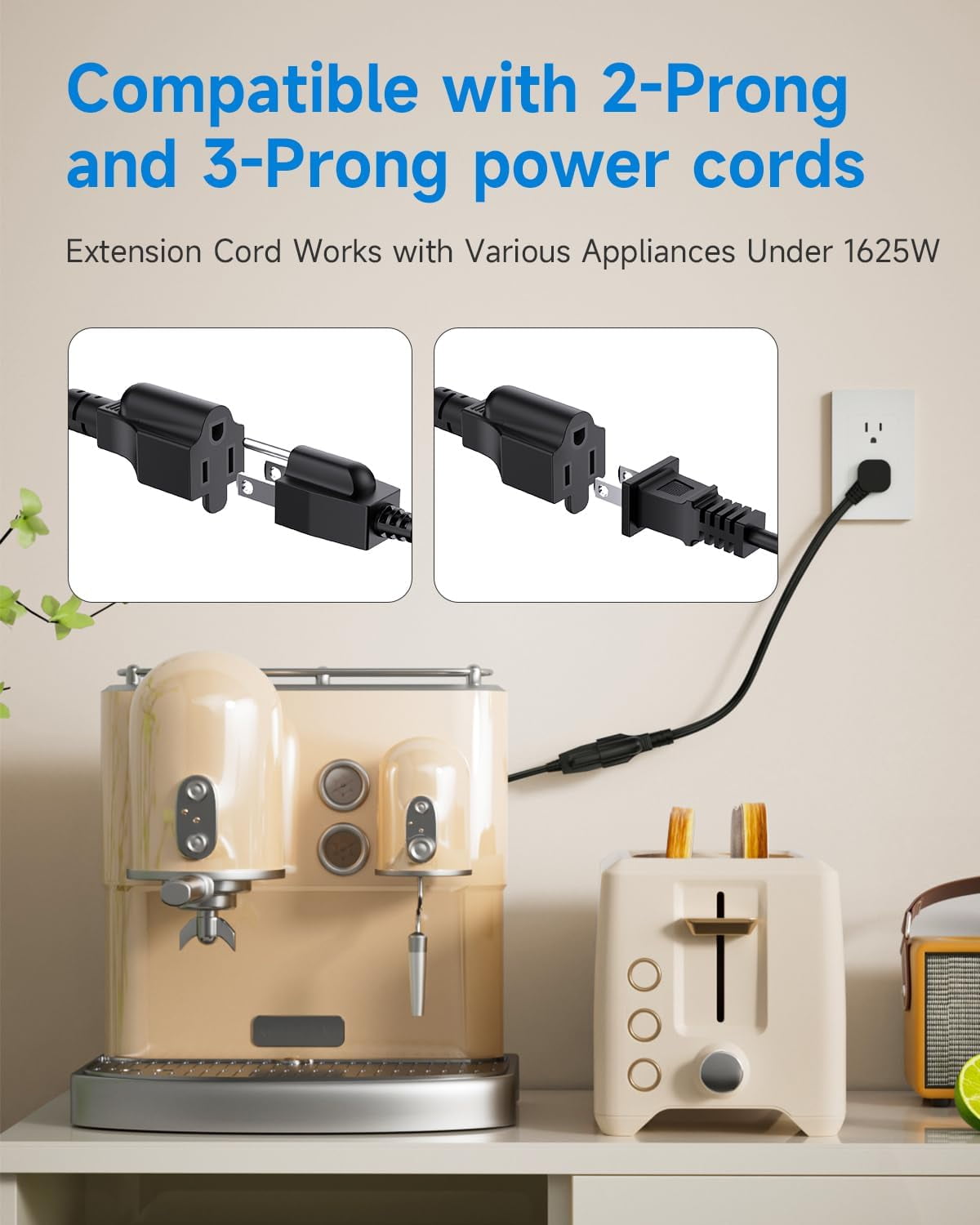 Flat Plug Short Extension Cord 1Ft Low Profile Adapter 3 Prong Indoor Small Grounded Power Cable Outlet Saver 16AWG 13A 1625W Black 2 Pack