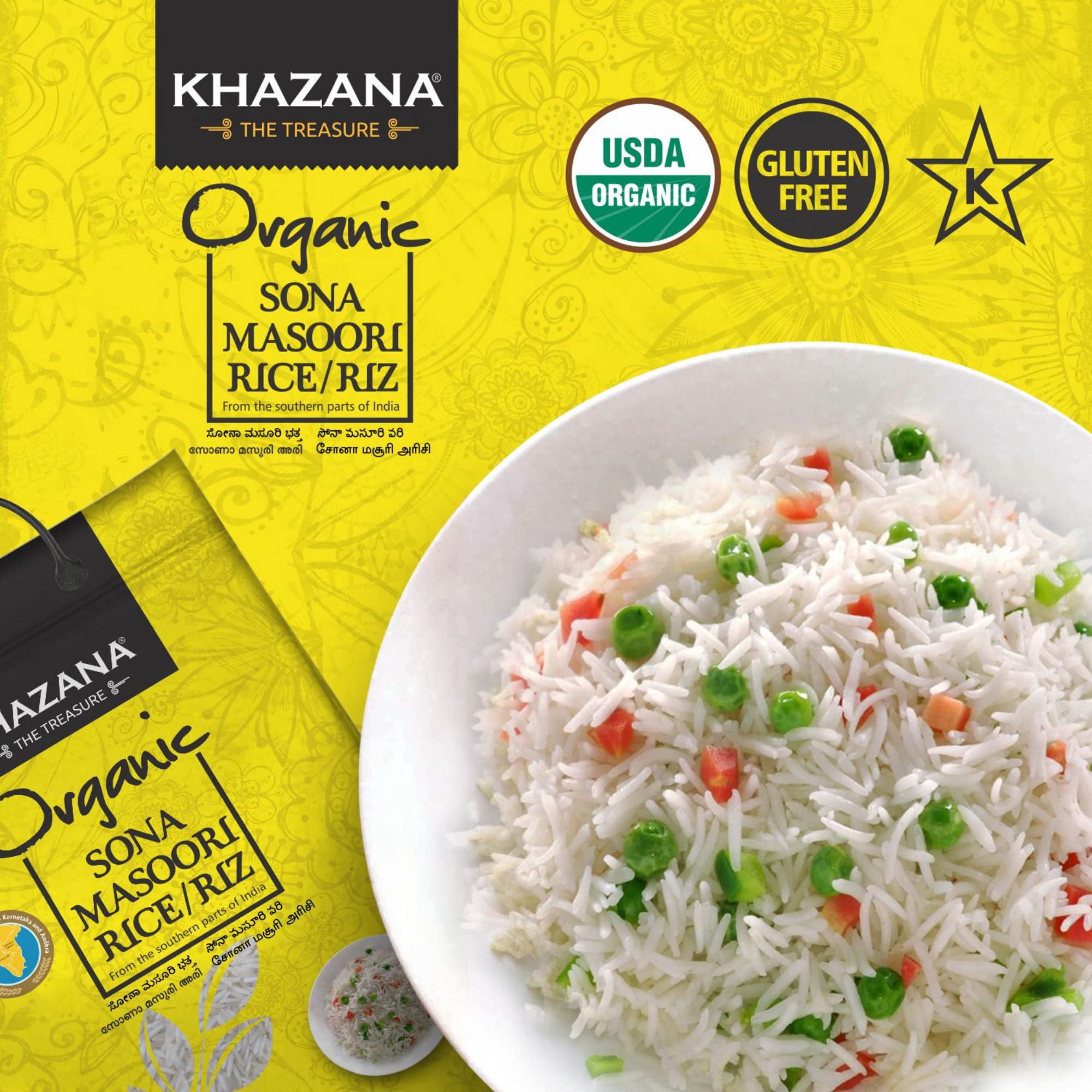 Khazana Organic Sona Masoori Rice, 20 Pounds