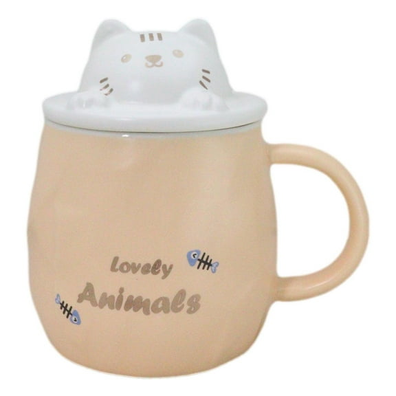 Whimsical Orange Chubby Feline Kitty Cat Cup Mug With Lid And Stirring Spoon