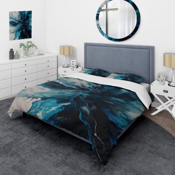 DESIGN ART Designart "Teal and Black Aqueous Whimsy II" Teal Modern - Bedding Cover Set With Shams King
