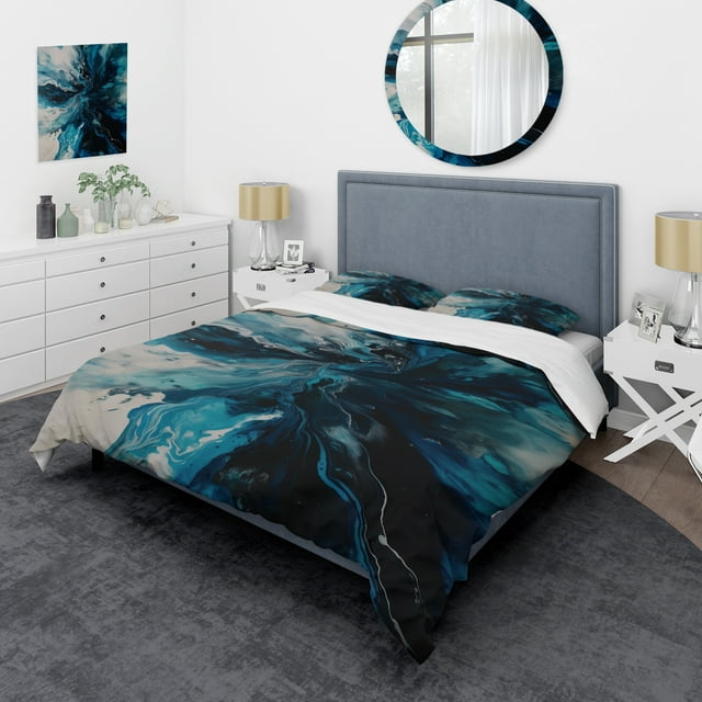 Designart "Aqueous Whimsy in Teal and Black II" Abstract Bedding Covert Set - Modern Teal Transitional Bed Set With 1 Sham