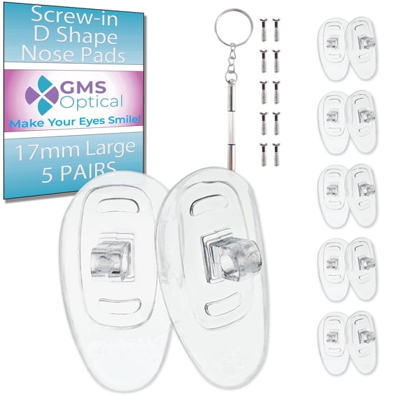 GMS Optical 17mm Long Length / 6mm Medium Width – D Shape Screw-In Soft Silicone Nose Pads for Glasses, Eyeglasses & Sunglasses with Screws & Screwdriver (5 Pair, Clear)