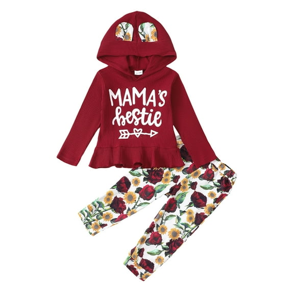 12 Months Baby Girls Clothes 18 Months Girls 2PCS Hoodie Outfits Set Letter Print Toddler Girls Long Sleeve Top Pants Set Red