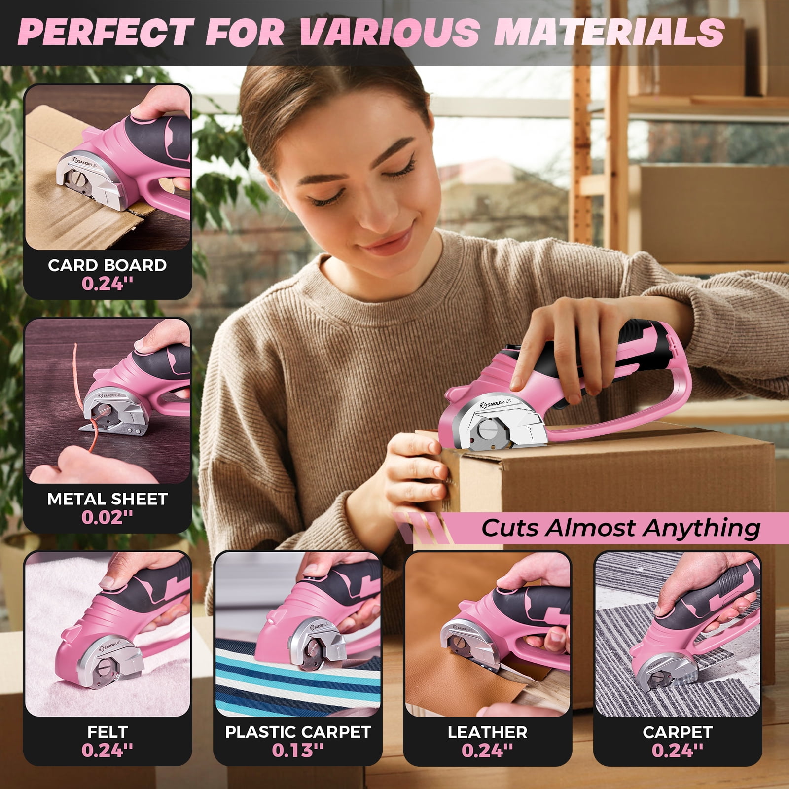 Saker 4V Cordless Electric Scissors, Cardboard Cutter with Safety Lock, LED Light, 220RPM Rotary Cutter for Cardboard, Fabric, Box, Leather, Pink