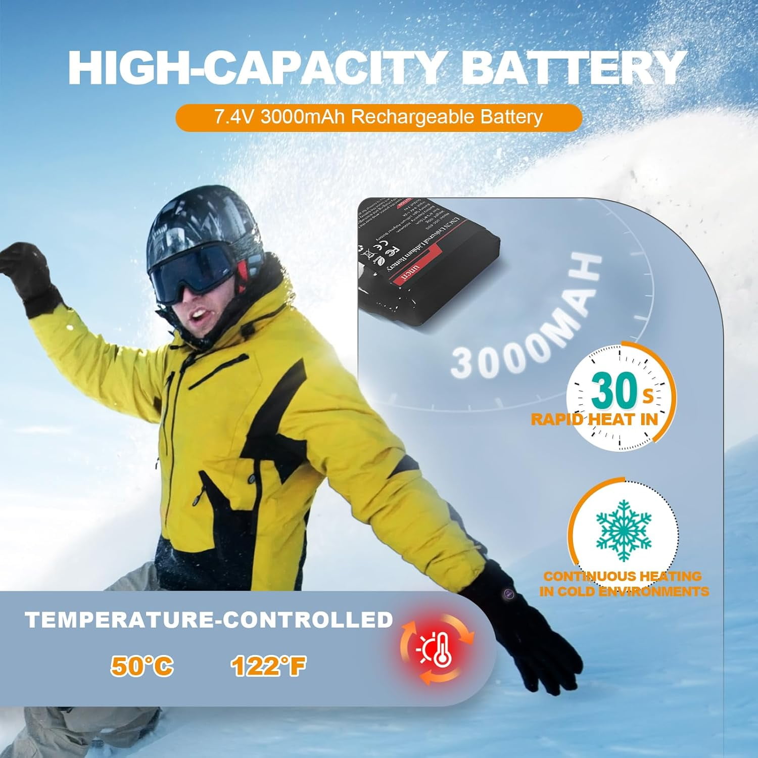Uncn Men Women Rechargeable Heated Gloves - 3 Heating Zones USB Charging Full Finger Gloves, Cotton Blend Sporty Ski Gloves Winter Warmth,M