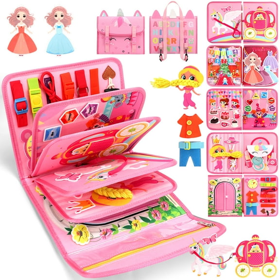 Flybay Busy Board Montessori Toys for Girls, Busy Book for 1-3 Year Old, Sensory Educational Activities for Learning Fine Motor Skills, Toddler Toys