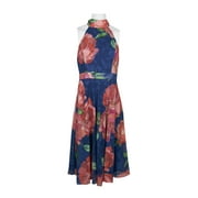 Laundry Halter Neck Tie back Zipper Back A-Line Floral Print Chiffon Dress-BLUE MULTI / 0