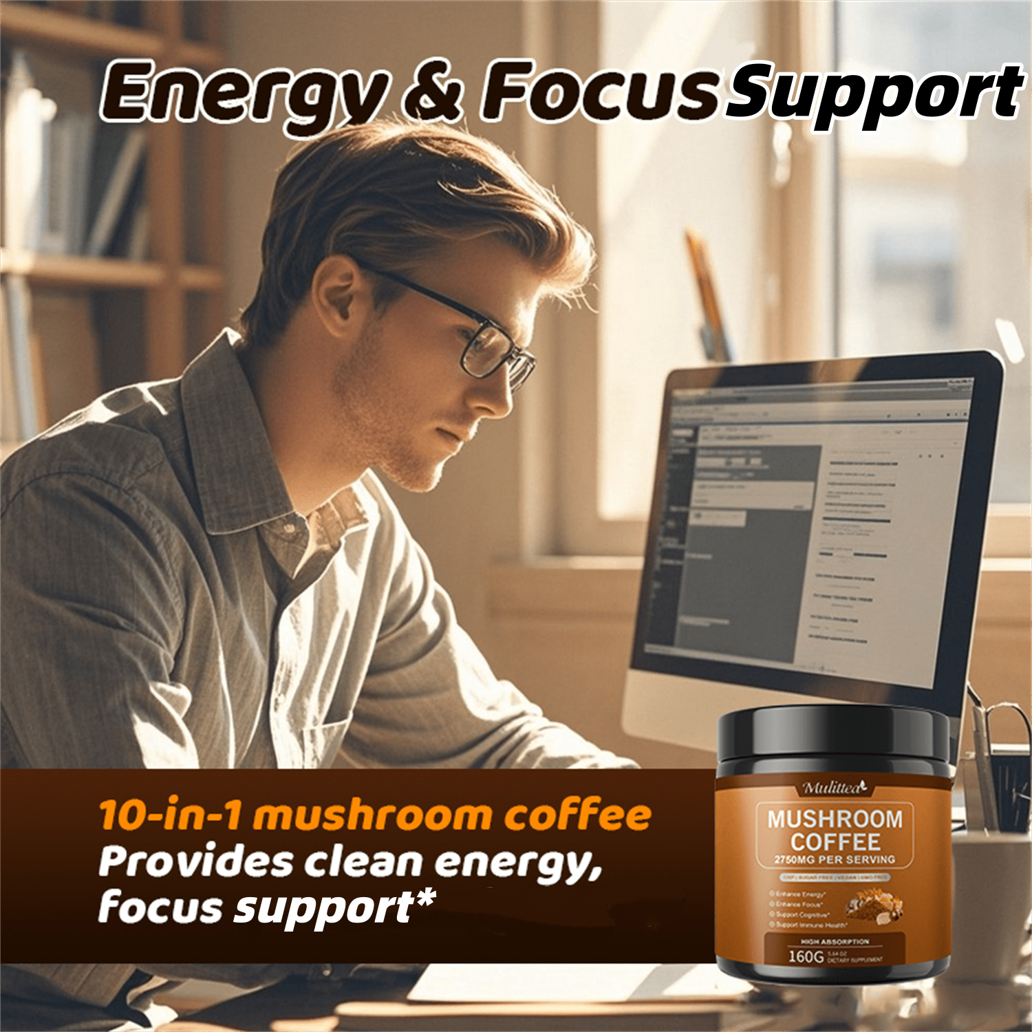 Mulittea Mushroom Coffee with Ashwagandha & Collagen – Lion's Mane, Cordyceps & Chaga Blend for Energy & Immune Support, Focus & Mental Clarity - Sugar-Free Instant Coffee Powder -100 Servings