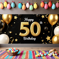 thumbnail image 7 of Black Background Glittery Golden Happy 50th Birthday Banner Balloons Crowns Cakes Stars Party Supplies Photography Props Birthday Decoration Decor Backdrop, 7 of 7