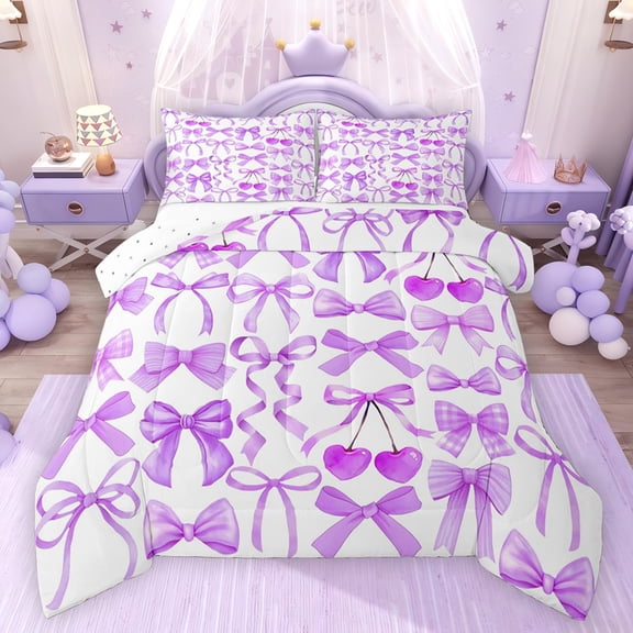 Feelyou Cartoon Bowknot Cherry Twin Comforter Sets, Kawaii Princess Bedding Set, 2 Pieces