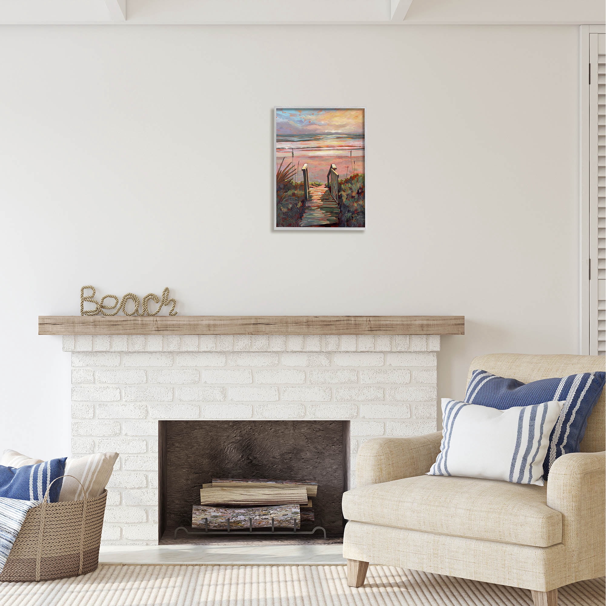Stupell Industries Beach Shore Sunset Boardwalk Path Coastal Painting Gray Framed Art Print Wall Art