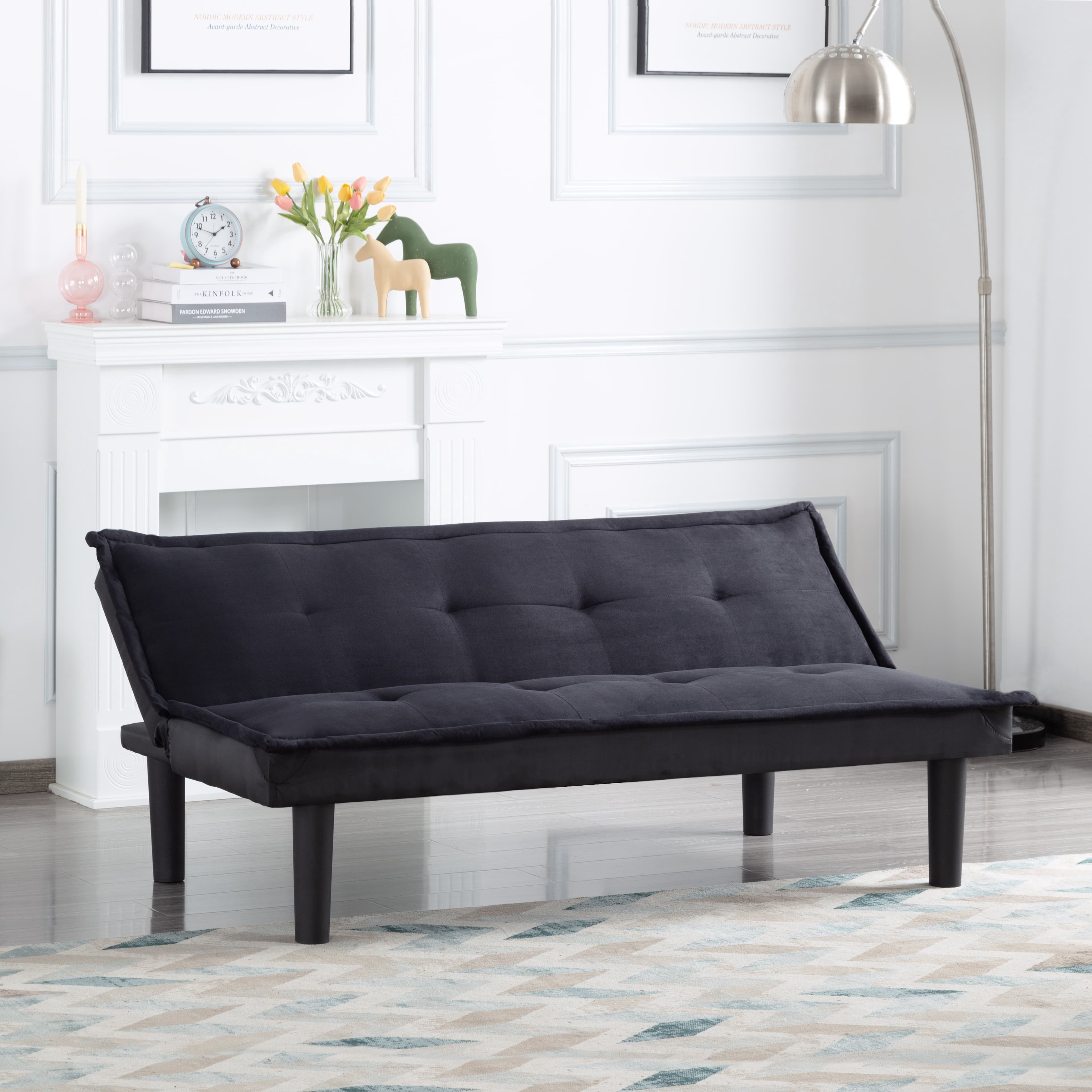 BSHTI 63.8 inch Futon Sofa Bed，Black Faux Suede Upholstered Sofa Couch,Convertible Sleeper Futon Sofa Bed for Livingroom
