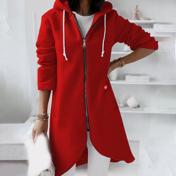 fartey Fleece Zip up Hoodie Oversized Curved Hem Sweatshirt Women Long Sleeve Solid Drawstring Long Hooded Jacket with Pocket