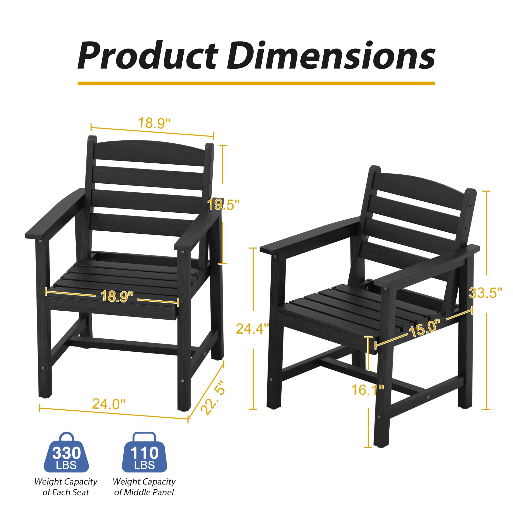 Eclife Set of 2 outdoor patio dining chairs Plastic Plywood Weather Resistant for Balcony Deck Pool Lawn Garden Backyard, Black