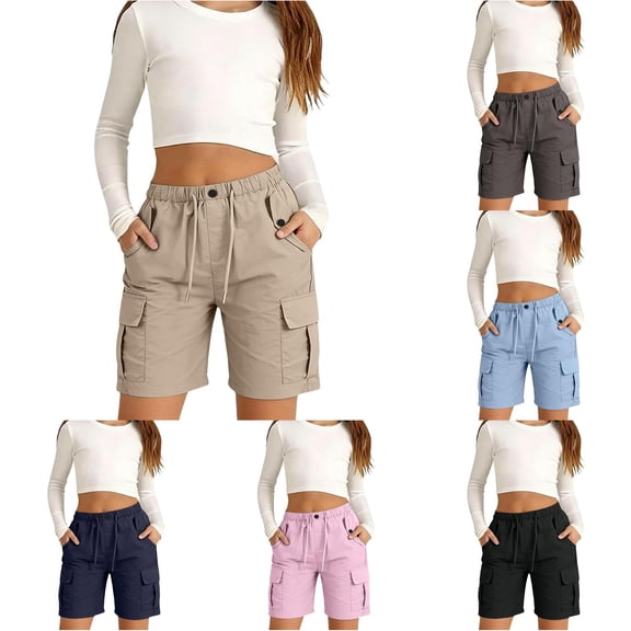 WAYUTE Shorts for Girls Kids Elasitc Waist Straight Leg Athletic Cargo Shorts with Multi Pockets and Drawstring for Youth Kids Summer Casual Clothes,Khaki
