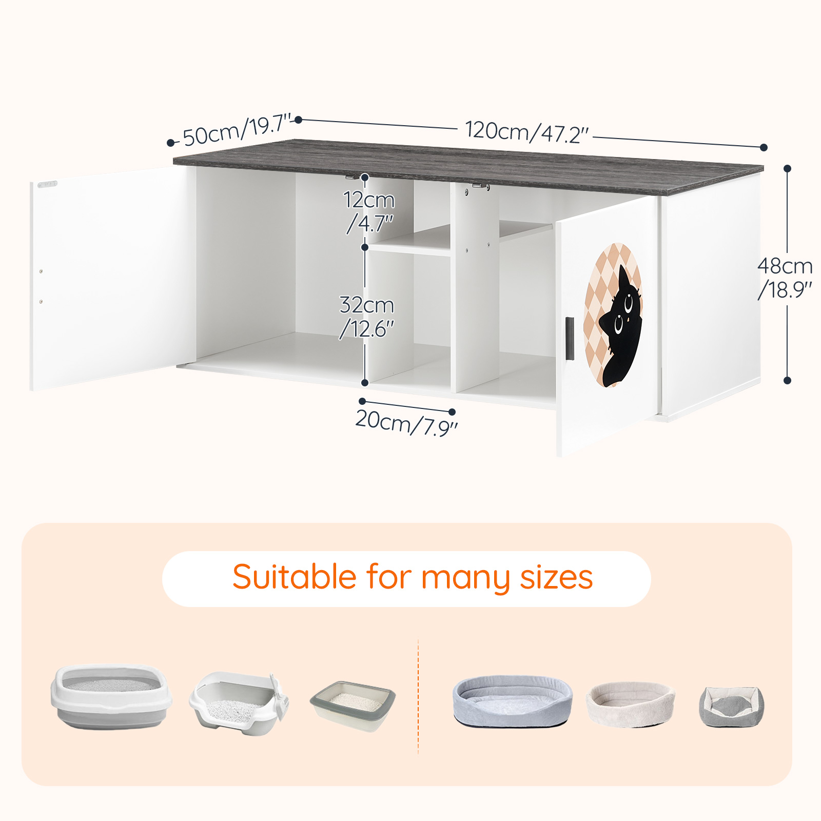 HOOBRO Double Cat Litter Box Enclosure with Middle Storage Shelf, Dual Hidden Litter Box Furniture, Unique Patterned Litter Box Cabinet, White and Charcoal Gray BW25MW01