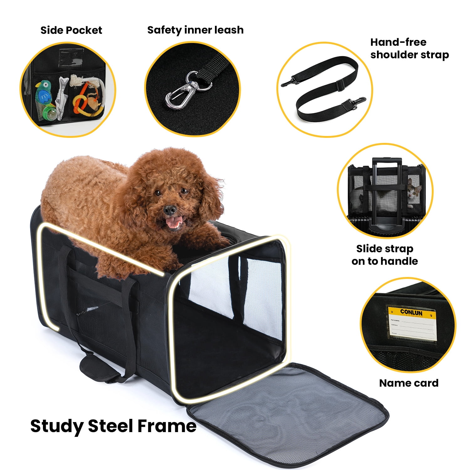 Conlun Cat Dog Carrier,Soft-Sided Pet Carriers for Dogs with 4-Sided Mesh,Cat Transport for Large Cats Small Dog Up to 9.9Kg,Collapsible Dat Travel Carrier-L,Black