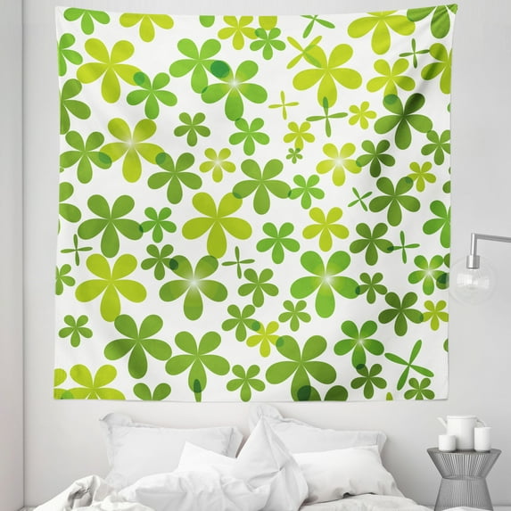 Leaves Tapestry, Lucky Shamrock Irish Themed Nature Pattern Clovers Blossom Repetition, Fabric Wall Hanging Decor for Bedroom Living Room Dorm, 5 Sizes, Lime Green and White, by Ambesonne