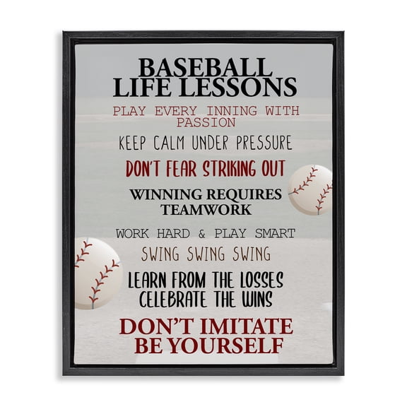Baseball Life Lessons Black Framed Floater Canvas Wall Art, design by Kim Allen