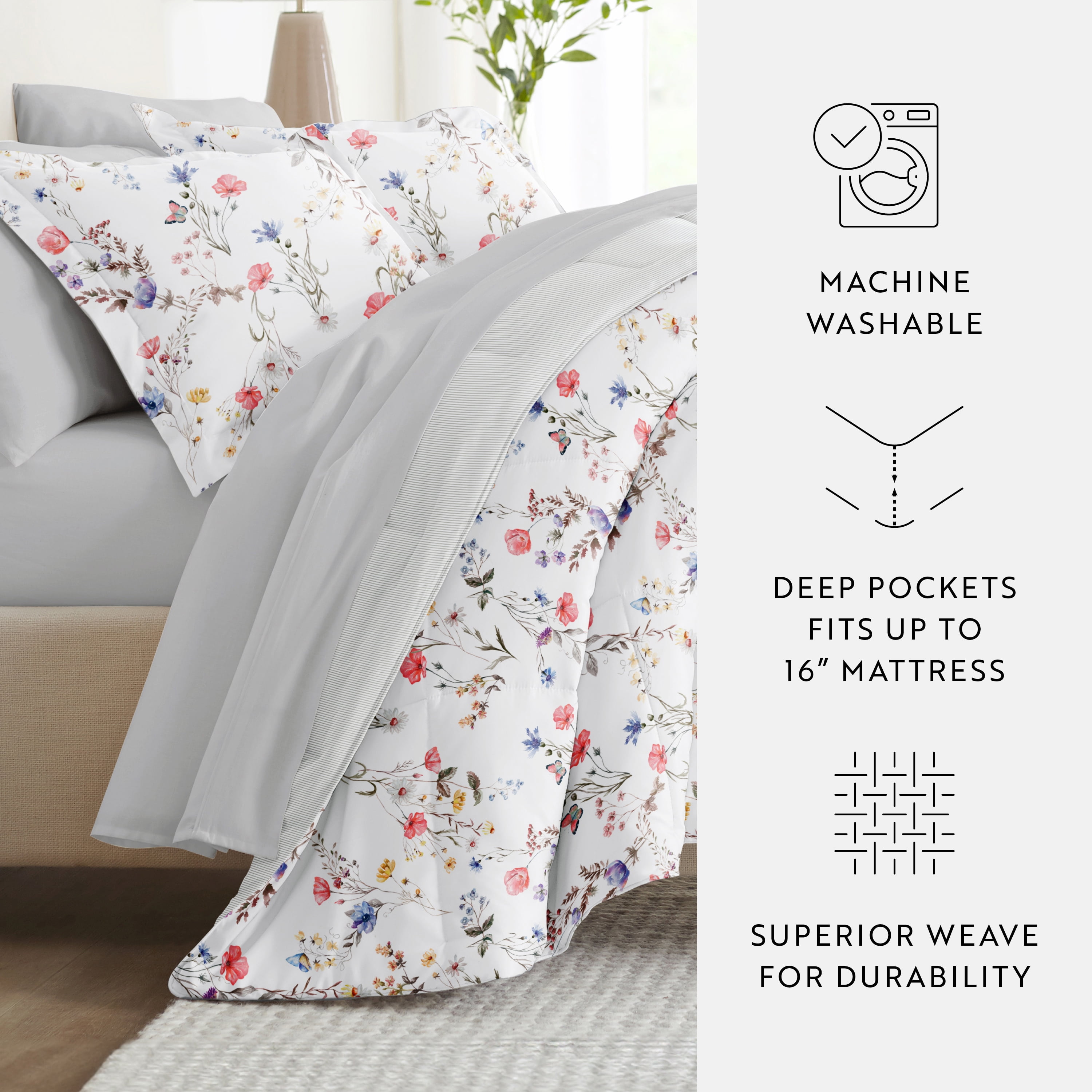 Comfort Canopy - California King Bedding Bundle, Patterned Microfiber Comforter and Solid Sheet Set in Meadow Floral Stripe Pink