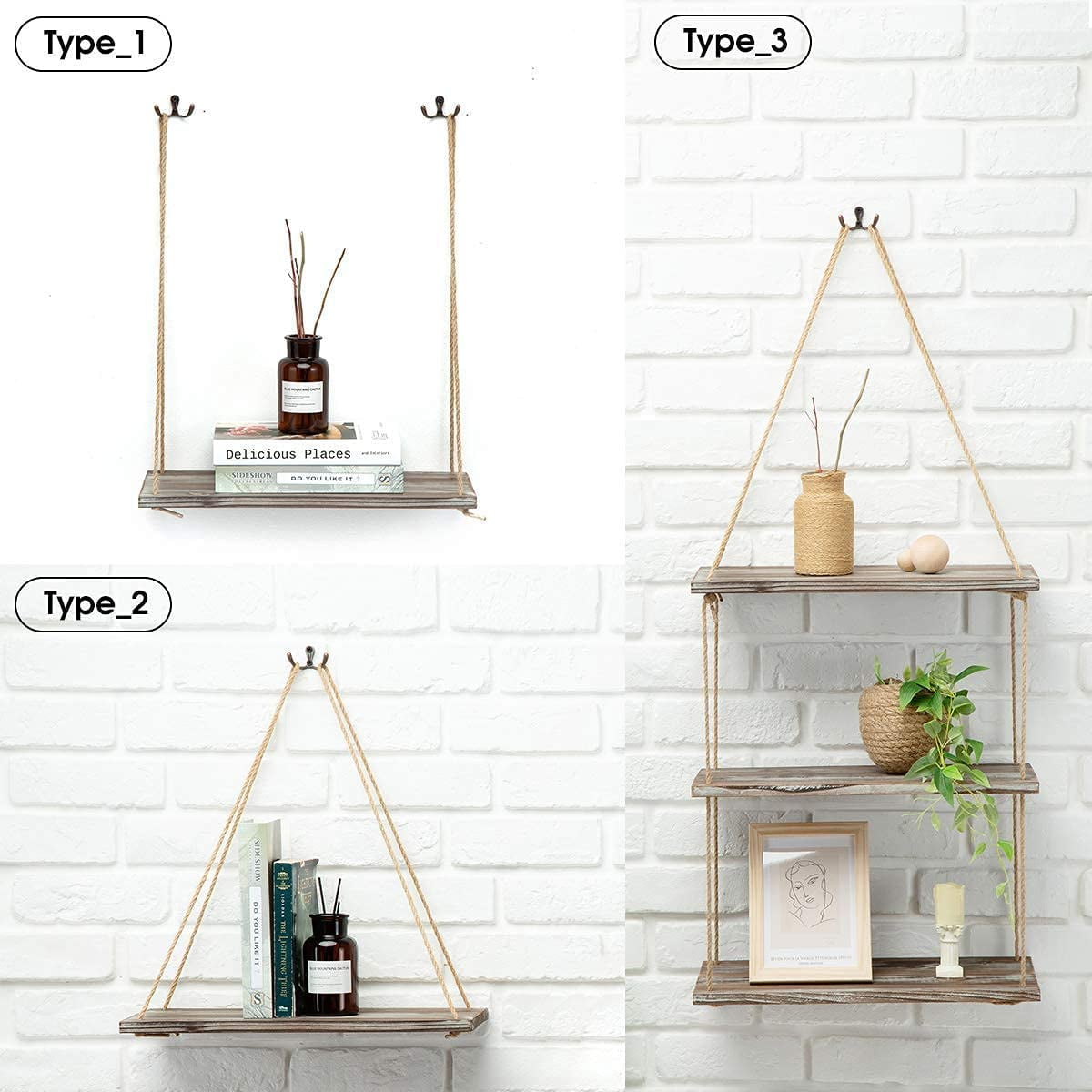 J JACKCUBE DESIGN Rustic Wood Hanging Shelves Set of 3 Farmhouse Bohemian Room Décor Floating Rope Display Shelf Plant Holder for Living Room Bedroom Kitchen Rope Shelves -MK555AAA