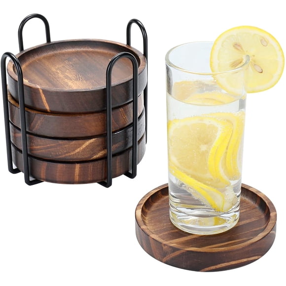 Sous-verres en Bois pour Boissons - Ensemble de Sous-Verres en Bois Naturel Paulownia pour Verres à Boire, Protection de Table pour Tout Type de Table, Ensemble de 5 - Dia 4,3 x 4,3 x 0,8 Pouces