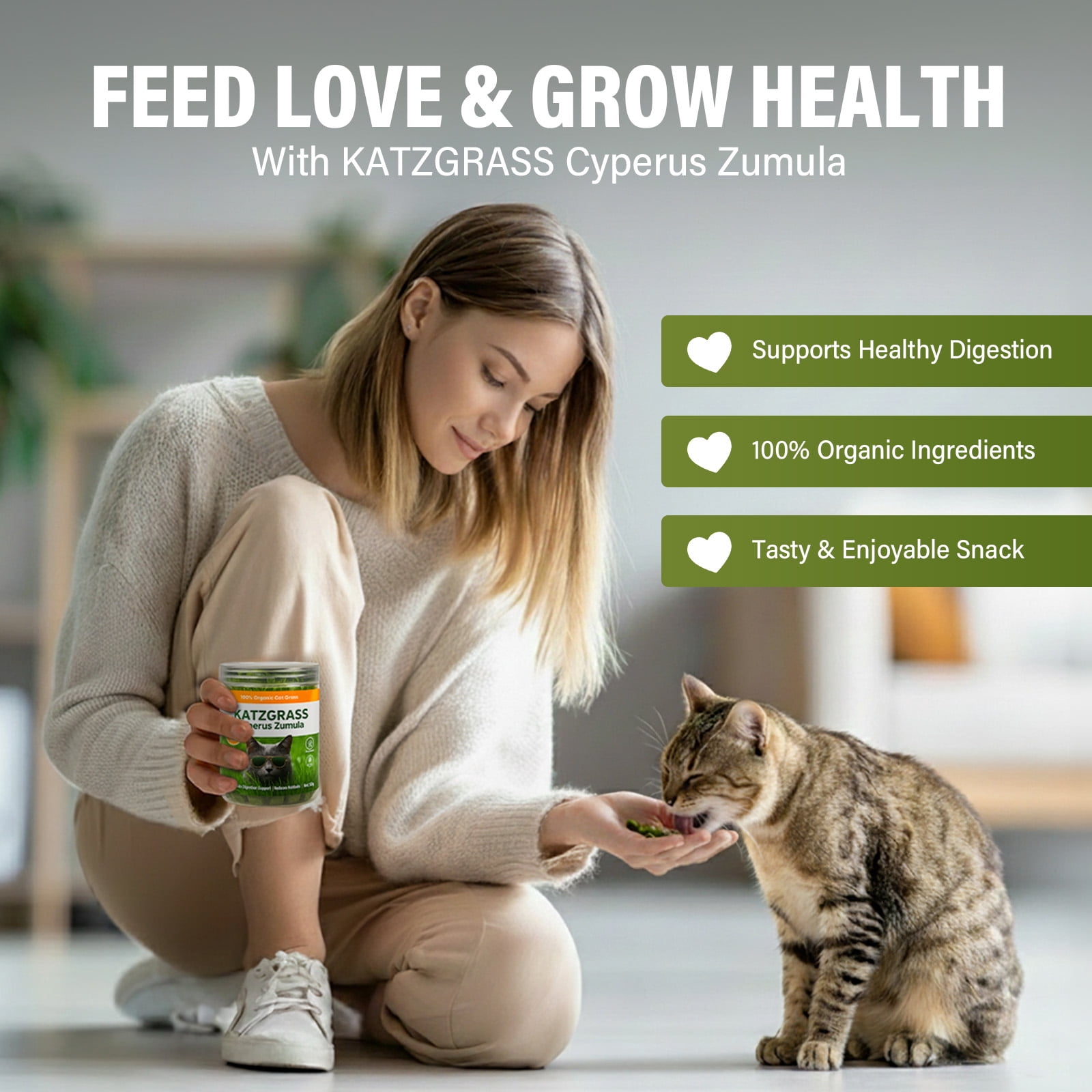 Cat Grass Treats, Cat Grass for Indoor Cats, 100% Organic Hairball Relief & Digestive Support, 120g