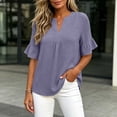 thumbnail image 5 of Edvintorg Summer Shirts for Women Cotton Linen V Neck Short Ruffle Sleeve Loose Casual Tops Womens Blouses Women Clothing Purple S, 5 of 9