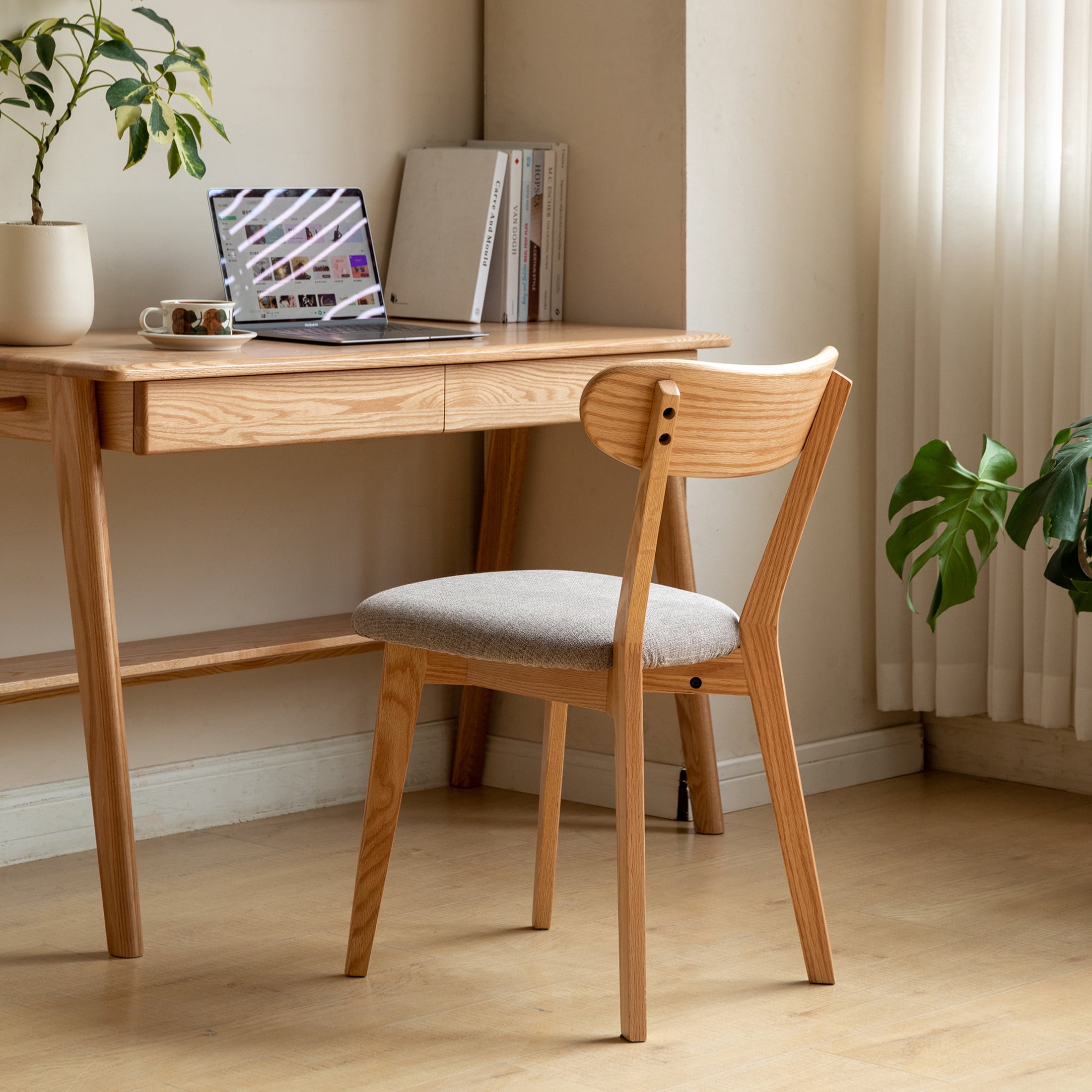 Set of 2 Upholstered Dining Chairs, Solid FAS Grade North American Oak, 100% Natural Dirt-Free Hardwood, Comfortable Wooden Chairs for Dining Table or Living Room, Natural Oak + Pearl White