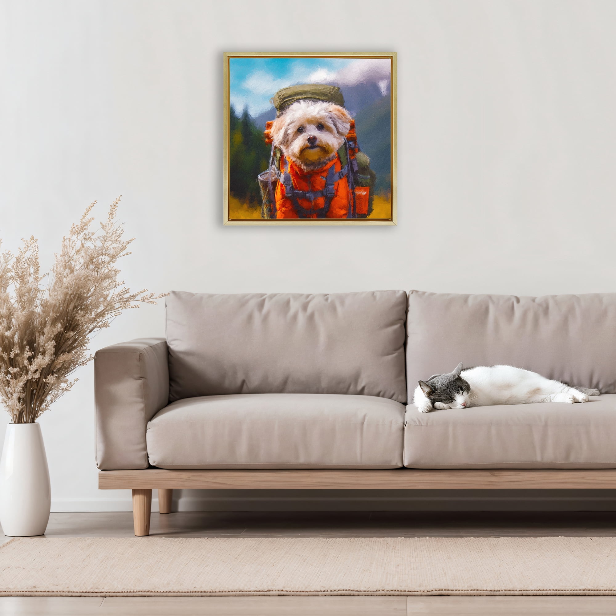 Stupell Industries Adventuring Hiker Dog Gold Framed Floater Canvas Wall Art, design by Sean Parnell