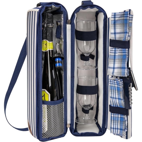 BRONZY Wine Tote Bag with Cooler Compartment - 2-Set Picnic Tableware Carrying Bag (Blue Stripe)