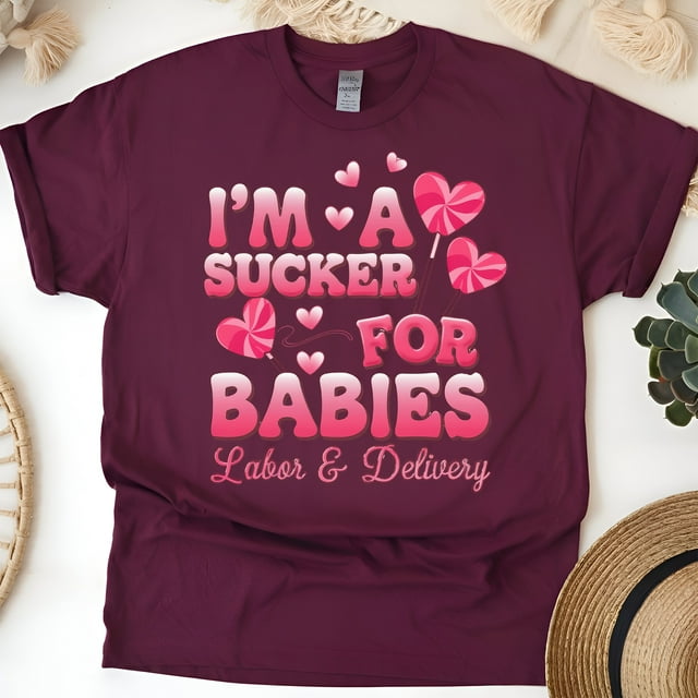 Labor and Delivery Nurse T-Shirt with Funny Baby Lollipop Design, Maroon, Size L