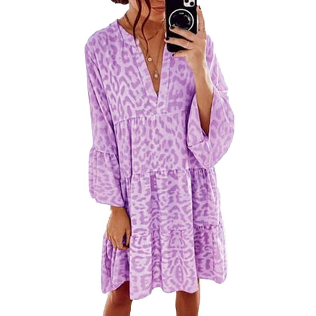 Tralilbee Nouvelle Robe Mini Ample Léopard Femme Décontractée Rose Col en V Manches à Volants Jupe Chemise de Fête Femme Plage Robe Bohème