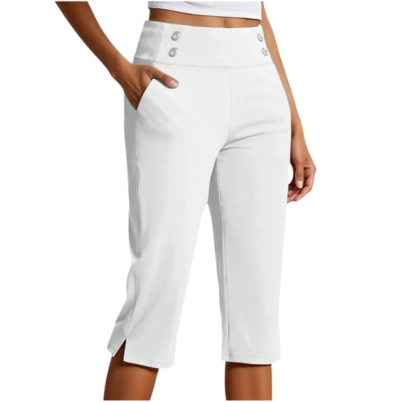 Textilo Women's Capri Pants Elastic High Waisted Side Slit Stretch Capri Pants with Pockets Straight Leg Button Cropped Pant Work Golf Yoga Summer Travel Workout Slacks,White M